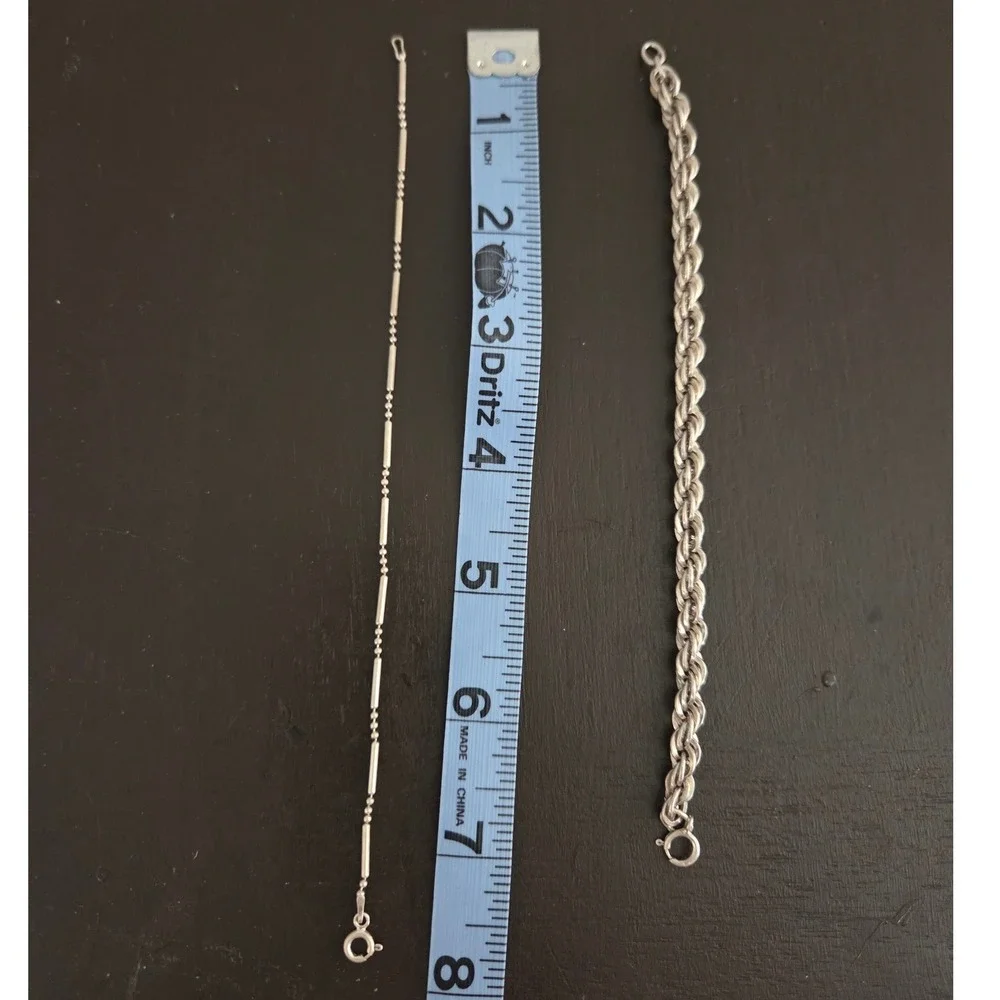 Silver Bracelet Set Rope Chain and Bar Bead Link 7.25-7.5 Inch 2 Piece